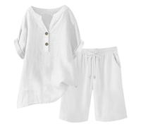 Conjunto de pantalones cortos de verano de manga corta para mujer, traje informal de ocio, cuello redondo, color sólido, ropa deportiva suelta, traje de jogging, ropa de calle, traje de lino monocolor