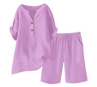 Conjunto de pantalones cortos de verano de manga corta para mujer, traje informal de ocio, cuello redondo, color sólido, ropa deportiva suelta, traje de jogging, ropa de calle, traje de lino monocolor