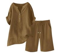 Conjunto de pantalones cortos de verano de manga corta para mujer, traje informal de ocio, cuello redondo, color sólido, ropa deportiva suelta, traje de jogging, ropa de calle, traje de lino monocolor