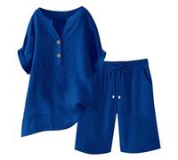 Conjunto de pantalones cortos de verano de manga corta para mujer, traje informal de ocio, cuello redondo, color sólido, ropa deportiva suelta, traje de jogging, ropa de calle, traje de lino monocolor