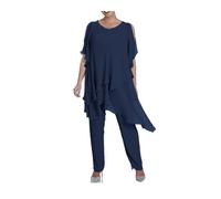 Conjunto de pantalones para madre de novia, talla grande, media manga, 2 piezas, traje formal de gasa para invitados de boda, azul marino, 58