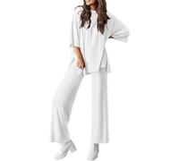 Conjunto de pantalones suaves para mujer, conjunto de 2 piezas para mujer, moda de verano, a juego, camiseta y pantalones de manga 3/4, blanco, S