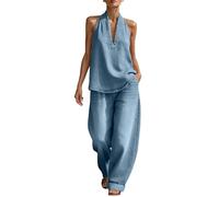 Conjunto de pantalones vaqueros para mujer de 2 piezas de verano elegante y ligero san mangas camisa cuello en v pantalones anchos fluidos traje de correr para casa suelta suelta Color sólido Elegant