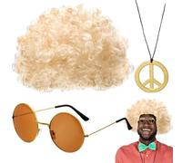 Conjunto de Peluca Hippie para Hombre - Conjunto de Accesorios para Disfraz de Hippie para Hombre,Kit de Disfraz de Hip Hop Retro de 3 Piezas, Gafas de Sol de Discoteca Doradas, Accesorios de