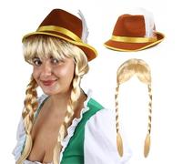 Conjunto de peluca y sombrero bávaro Oktoberfest para mujer, sombrero bávaro marrón y amarillo y peluca trenzada rubia - Juego de accesorios para disfraz Oktoberfest para adultos
