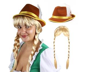 Conjunto de peluca y sombrero bávaro Oktoberfest para mujer, sombrero bávaro marrón y amarillo y peluca trenzada rubia - Juego de accesorios para disfraz Oktoberfest para adultos