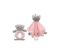 Conjunto de peluche y sonajero para bebé - Kiokids - Gatito rosa - Anillo de dentición - Poliéster y EVA - Suave y seguro