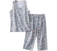 Conjunto De Pijama Capri De Algodón para Mujer: Ropa De Dormir De Verano Sin Mangas, Bonito Y Ligero, De 2 Piezas, Ideal para Noches Acogedoras. Grey Medium