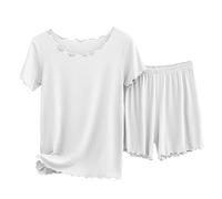 Conjunto de pijama cómodo para mujer, pantalones cortos de manga corta acanalados, se pueden llevar fuera para mostrar temperamento y servicio de moda en el hogar para dormir y descansar, blanco, XXL