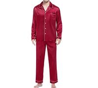 Conjunto de pijama con botones para hombre, conjunto de pijama de satén para hombre, cuello en V, cuello de solapa, ropa de dormir clásica, casual, ropa de descanso, ligera, transpirable, ropa de