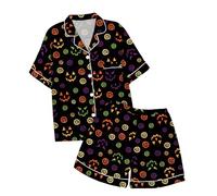 Conjunto de Pijama con Pantalones Cortos y Top de Manga Corta con Cuello de Botones Estampado de Halloween para niños Piña Niña