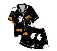 Conjunto de Pijama con Pantalones Cortos y Top de Manga Corta con Cuello de Botones Estampado de Halloween para niños Piña Niña Mono Bandera Hombre