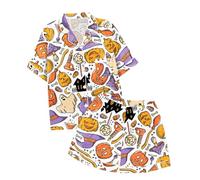 Conjunto de Pijama con Pantalones Cortos y Top de Manga Corta con Cuello de Botones Estampado de Halloween para niños Sudadera Mujer Pijamas Mujer Franela