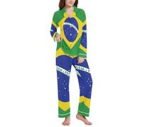 Conjunto de pijama con solapa para mujer con diseño de bandera de Brasil, color verde, nacional brasileño, suave, Bandera de Brasil, verde, nacional brasileño, M