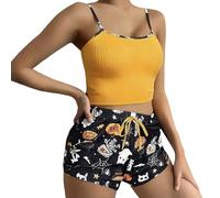 Conjunto de pijama corto de algodón acanalado para mujer, conjunto de pijama corto de algodón, tirantes delgados, elástico, ajustado, estampado vintage, casual, cintura ajustable, pantalones cortos, 2