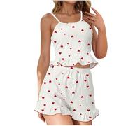 Conjunto de pijama corto de algodón para mujer, conjunto de ropa de descanso para mujer, acanalado, con volantes y pantalones cortos casuales, bonito patrón de corazón, sin mangas, cintura elástica