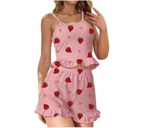 Conjunto de pijama corto de algodón para mujer, conjunto de ropa de descanso para mujer, acanalado, con volantes y pantalones cortos casuales, bonito patrón de corazón, sin mangas, cintura elástica