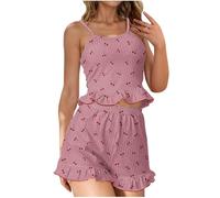 Conjunto de pijama corto de algodón para mujer, conjunto de ropa de descanso para mujer, acanalado, con volantes y pantalones cortos casuales, bonito patrón de corazón, sin mangas, cintura elástica