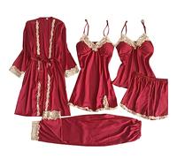 Conjunto de pijama corto de satén para mujer, pijamas de encaje, kimono de 5 piezas, batas de baño, tirantes finos, vestido de noche, pantalones de pijama y pantalones cortos de dormir, lencería