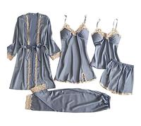 Conjunto de pijama corto de satén para mujer, pijamas de encaje, kimono de 5 piezas, batas de baño, tirantes finos, vestido de noche, pantalones de pijama y pantalones cortos de dormir, lencería