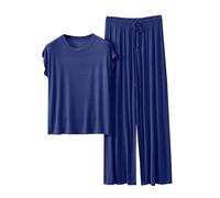 Conjunto de pijama corto modal de 2 unidades - Conjunto de pijama para mujer, pantalón largo, manga corta, casual, ropa de descanso con correa ancha, cordón en la parte inferior, conjunto de pijama