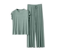 Conjunto de pijama corto modal de 2 unidades - Conjunto de pijama para mujer, pantalón largo, manga corta, casual, ropa de descanso con correa ancha, cordón en la parte inferior, conjunto de pijama
