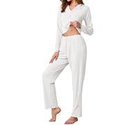 Conjunto de pijama de 2 piezas para mujer, con ribete de encaje, ropa de descanso de manga larga para otoño e invierno, textura acanalada, nudo de lazo, cuello de solapa, ropa de dormir suave y