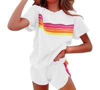 Conjunto de pijama de 2 piezas para mujer, diseño de rayas arcoíris, camiseta de manga corta para verano, pantalones cortos a juego, conjunto de pijama acogedor, blanco, M