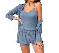 Conjunto de pijama de 2 piezas para mujer, ropa de descanso de 3 Teilige, conjunto de pijama para mujer, Schlafanzug Camitop, corto, Hausanzug Casualanzug Kombine, azul claro, M