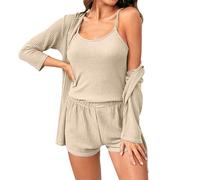 Conjunto de pijama de 2 piezas para mujer, ropa de descanso de 3 Teilige, conjunto de pijama para mujer, Schlafanzug Camitop, corto, Hausanzug Casualanzug Kombine, beige, L