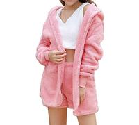 Conjunto de pijama de 3 piezas para mujer, pijama corto de forro polar, ropa de dormir cálida para otoño e invierno, sudadera con capucha, camiseta de tirantes y pantalones cortos, 3 piezas, Rosa., L