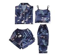 Conjunto De Pijama De 4 Pieces Para Mujer De Satén De Seda, Pantalones Pijamas Impreso Mujer Satén, 2026 Nueva Ropa De Dormir 4 Piezas Camisa Con Botón Pijamas Chic Pantalones Cortos Cómodos, azul, XL