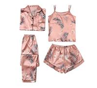 Conjunto De Pijama De 4 Pieces Para Mujer De Satén De Seda, Pantalones Pijamas Impreso Mujer Satén, 2026 Nueva Ropa De Dormir 4 Piezas Camisa Con Botón Pijamas Chic Pantalones Cortos Cómodos, Rosa