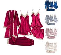 Conjunto de pijama de 5 piezas para mujer, pijama de seda satinada, conjuntos de pijamas de seda para mujer, batas de lujo, camisola, pantalones cortos y pantalones, ropa de dormir completa con tacto