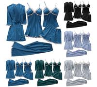 Conjunto de pijama de 5 piezas para mujer, seda satinada, conjunto de pijama de seda satinada para mujer, conjunto de encaje de color sólido, conjunto de 5 piezas, bata de encaje floral, camisola