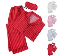 Conjunto de pijama de algodón para mujer, conjunto de pijama a rayas con botones y pantalones de manga larga con bolsillos, ropa casual, ropa de descanso, conjuntos de pijama a juego para mujer