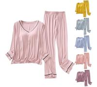Conjunto de pijama de algodón para mujer, conjunto de pijama de manga larga suave con cuello redondo con almohadilla de brasier y cintura elástica, pantalones de pierna ancha, color sólido, conjuntos