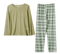 Conjunto de pijama de algodón para mujer, talla XL, camiseta de manga larga para mujer, camiseta de dormir, patrón a cuadros, primavera y otoño, ropa de descanso acogedora, cuello redondo, holgado