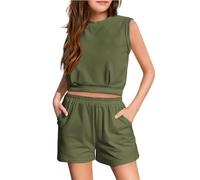 Conjunto de pijama de algodón sólido para niñas, ropa de dormir de 2 piezas, ropa de dormir casual de verano, ropa de dormir para adolescentes, holgada, suave, sin mangas, camisones familiares (verde