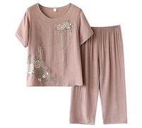 Conjunto de pijama de algodón y lino de 2 piezas para mujer, camiseta de manga corta con estampado retro, pantalones elásticos de pierna ancha, pijamas de verano, beige, 3XL