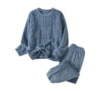 Conjunto de Pijama de Dos Piezas de Polar de Talla Grande de Invierno para Mujer, Camiseta de Manga Larga y Pantalones, Ropa acogedora (Dark Blue, One Size)