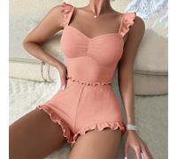 Conjunto de pijama de dos piezas de punto sin mangas y pantalones cortos para mujer, ropa de descanso de color sólido para el hogar u hotel en todas las estaciones, cómoda ropa de dormir de poliéster