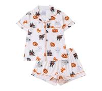Conjunto de Pijama de Halloween para Mujer, con Cuello Estampado, Manga Corta y Pantalones Cortos, Estilo Europeo. Mujer De Cuadros