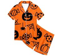 Conjunto de Pijama de Halloween para niñas, Estampado de Calabaza y murciélago, Pantalones Cortos de Manga Corta a Rayas, Ropa de Dormir para niños, Ropa de Dormir Informal Albornoz Mujer Americano