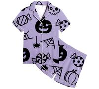 Conjunto de Pijama de Halloween para niñas, Estampado de Calabaza y murciélago, Pantalones Cortos de Manga Corta a Rayas, Ropa de Dormir para niños, Ropa de Dormir Informal Albornoz Mujer Americano