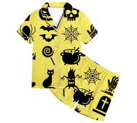 Conjunto de Pijama de Halloween para niñas, Estampado de Calabaza y murciélago, Pantalones Cortos de Manga Corta a Rayas, Ropa de Dormir para niños, Atuendo Informal cómodo Monstruos Chaqueta Niño