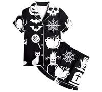 Conjunto de Pijama de Halloween para niñas, Estampado de Calabaza y murciélago, Pantalones Cortos de Manga Corta a Rayas, Ropa de Dormir para niños, Atuendo Informal cómodo Monstruos Chaqueta Niño