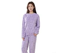 Conjunto de pijama de invierno para mujer, suave forro polar coral, estampado de corazón, ropa de dormir de manga larga y pantalones de pierna recta, ropa de descanso gruesa para mujer, ropa de dormir