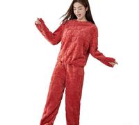 Conjunto de pijama de invierno para mujer, suave forro polar coral, estampado de corazón, ropa de dormir de manga larga y pantalones de pierna recta, ropa de descanso gruesa para mujer, ropa de dormir