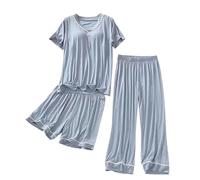Conjunto de pijama de lino de 3 piezas para mujer, cuello en V, con almohadilla para el pecho, pantalones cortos casuales y pantalones cómodos, color liso, ajuste regular, ropa de descanso cómoda